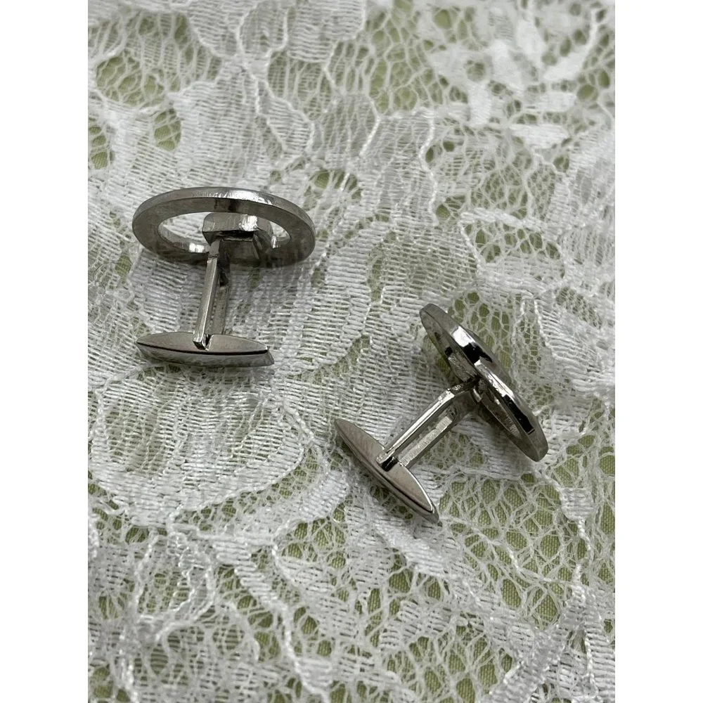 Vintage Silver Tone Oval Abstract Design Cuff Links
